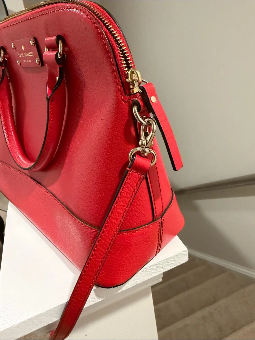 kate spade Red Pebbled Leather Dome Satchel with Crossbody Strap